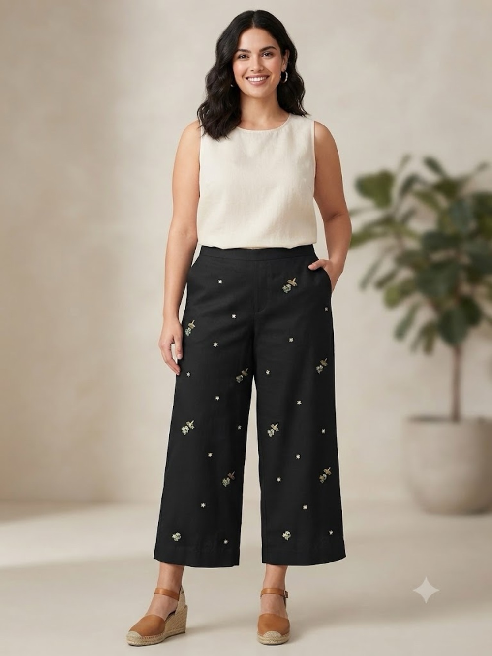 Alfred Dunner Embroidered Wide-Leg Crop Pants - Black